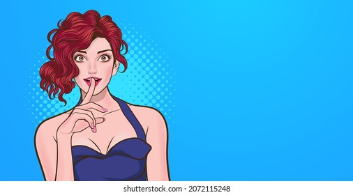 smile woman with finger on lips silence gesture Pop Art Comic Style