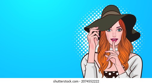 smile woman with hat finger on lips silence gesture  In Retro Vintage Pop Art Comic Style