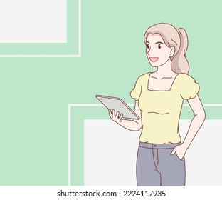 smile woman wearing a t-shirt holding a tablet. female with gadget. space for text. hand drawn with thin lines style.