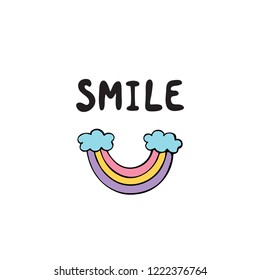 Smile. Word with hand drawn rainbow. Colorful vector illustration.