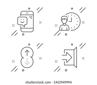 Smile, Working hours and Swipe up line icons set. Exit sign. Phone feedback, Project deadline, Scrolling page. Escape. Business set. Line smile outline icon. Vector