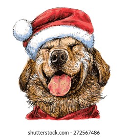 Smile Yellow Labrador Retriever with santa claus hat hand drawn vector , use for christmas background