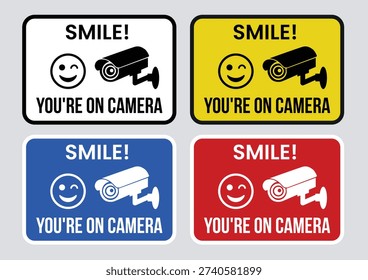 Smile You Are on Camera Sign  CCTV Surveillance Warning Label, Security Camera Notice Sticker, Video Monitoring Symbol for Home, Office, Shop and Public Area, Black Line Flat Vector Isolated Illustration