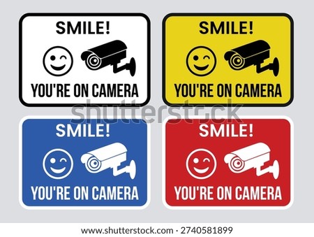 Smile You Are on Camera Sign  CCTV Surveillance Warning Label, Security Camera Notice Sticker, Video Monitoring Symbol for Home, Office, Shop and Public Area, Black Line Flat Vector Isolated Illustration