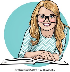 Smile young girl with book wearing glasses