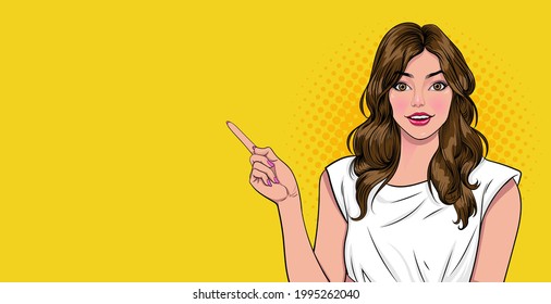 smile Young Woman Pointing Finger Holding Something On Hand On Yellow Background Retro Vintage Pop Art Comic Style