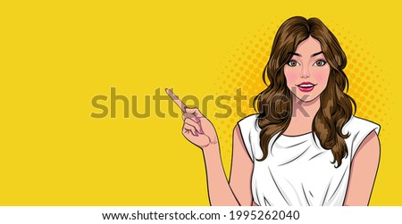 smile Young Woman Pointing Finger Holding Something On Hand On Yellow Background Retro Vintage Pop Art Comic Style