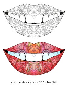 Smile zentangle styled for coloring and t-shirt design, tattoo and other decorations. Color and outline set