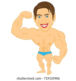 Smiled Bodybuilder man shows his body, color cartoon vector illustration