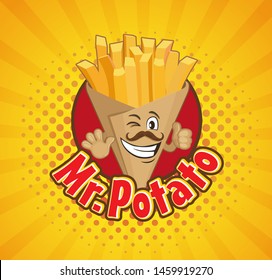 Smiled box full with french fries. Delisious snack in craft paper packaging bag. Character with thumb up on sunburst halftone background. Vector illustration.