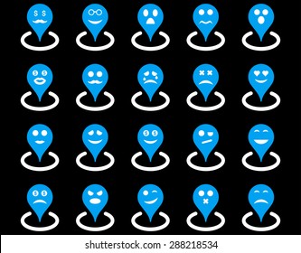 Smiled location icons. Vector set style: bicolor flat images, blue and white symbols, isolated on a black background.