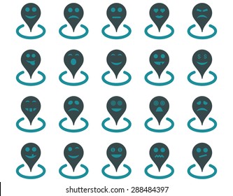 Smiled location icons. Vector set style: bicolor flat images, soft blue symbols, isolated on a white background.