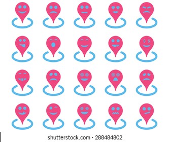 Smiled location icons. Vector set style: bicolor flat images, pink and blue symbols, isolated on a white background.