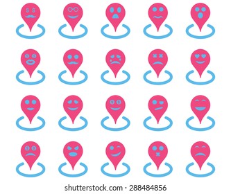 Smiled location icons. Vector set style: bicolor flat images, pink and blue symbols, isolated on a white background.