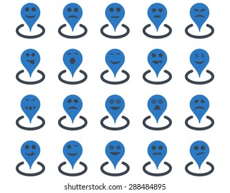 Smiled location icons. Vector set style: bicolor flat images, smooth blue symbols, isolated on a white background.