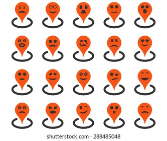 Smiled location icons. Vector set style: bicolor flat images, orange and gray symbols, isolated on a white background.