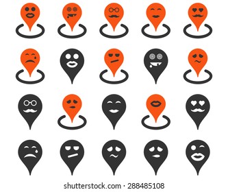 Smiled location icons. Vector set style: bicolor flat images, orange and gray symbols, isolated on a white background.