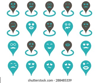 Smiled location icons. Vector set style: bicolor flat images, grey and cyan symbols, isolated on a white background.