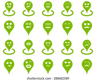 Smiled location icons. Vector set style: flat images, eco green symbols, isolated on a white background.