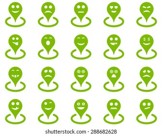Smiled location icons. Vector set style: flat images, eco green symbols, isolated on a white background.