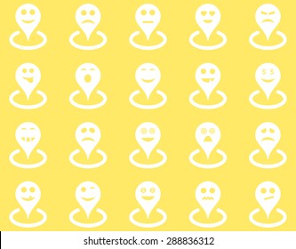 Smiled location icons. Vector set style: flat images, white symbols, isolated on a yellow background.