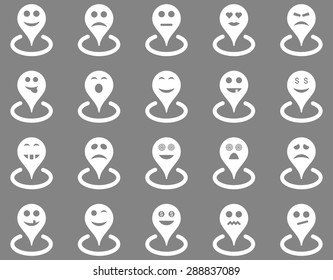 Smiled location icons. Vector set style: flat images, white symbols, isolated on a gray background.