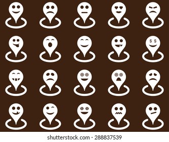 Smiled location icons. Vector set style: flat images, white symbols, isolated on a brown background.