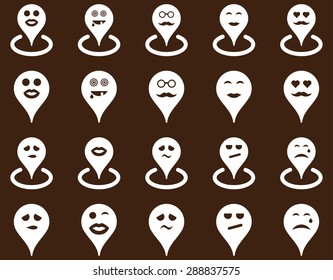 Smiled location icons. Vector set style: flat images, white symbols, isolated on a brown background.