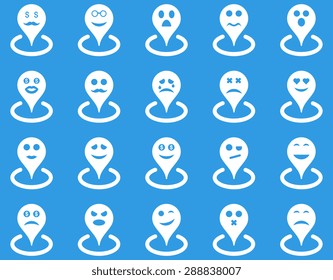 Smiled location icons. Vector set style: flat images, white symbols, isolated on a blue background.