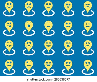 Smiled location icons. Vector set style: bicolor flat images, yellow and white symbols, isolated on a blue background.