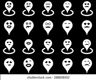 Smiled location icons. Vector set style: flat images, white symbols, isolated on a black background.