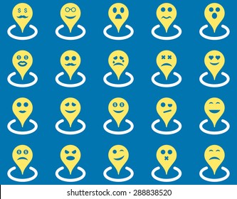 Smiled location icons. Vector set style: bicolor flat images, yellow and white symbols, isolated on a blue background.