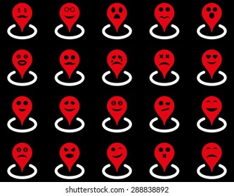 Smiled location icons. Vector set style: bicolor flat images, red and white symbols, isolated on a black background.