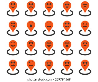 Smiled location icons. Vector set style: bicolor flat images, orange and gray symbols, isolated on a white background.