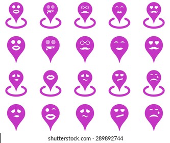 Smiled location icons. Vector set style: flat images, violet symbols, isolated on a white background.