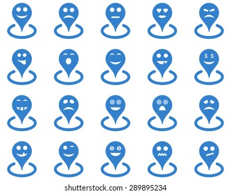 Smiled location icons. Vector set style: flat images, cobalt symbols, isolated on a white background.