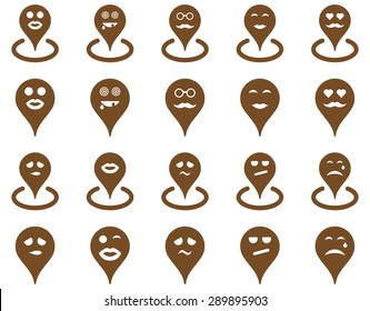 Smiled location icons. Vector set style: flat images, brown symbols, isolated on a white background.