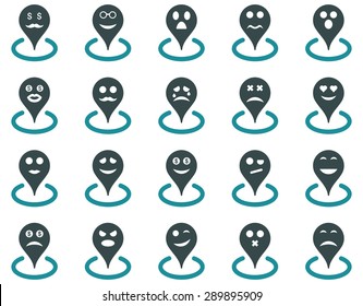 Smiled location icons. Vector set style: bicolor flat images, soft blue symbols, isolated on a white background.