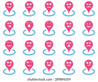 Smiled location icons. Vector set style: bicolor flat images, pink and blue symbols, isolated on a white background.