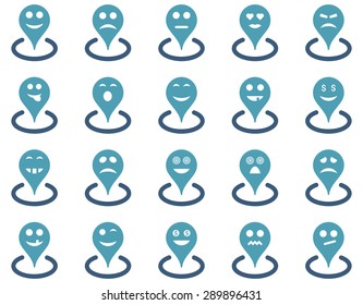 Smiled location icons. Vector set style: bicolor flat images, cyan and blue symbols, isolated on a white background.