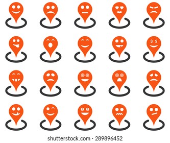 Smiled location icons. Vector set style: bicolor flat images, orange and gray symbols, isolated on a white background.