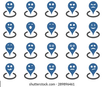 Smiled location icons. Vector set style: bicolor flat images, cobalt and gray symbols, isolated on a white background.