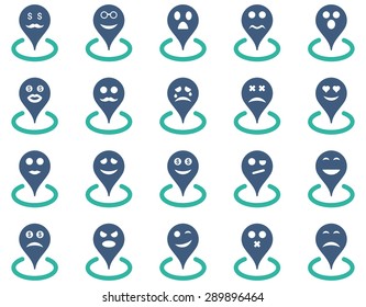 Smiled location icons. Vector set style: bicolor flat images, cobalt and cyan symbols, isolated on a white background.