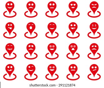 Smiled location icons. Vector set style: flat images, red symbols, isolated on a white background.