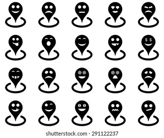 Smiled location icons. Vector set style: flat images, black symbols, isolated on a white background.