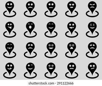 Smiled location icons. Vector set style: flat images, black symbols, isolated on a light gray background.