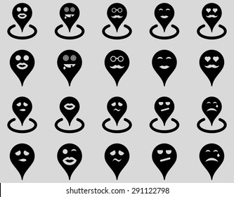 Smiled location icons. Vector set style: flat images, black symbols, isolated on a light gray background.