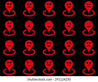 Smiled location icons. Vector set style: flat images, red symbols, isolated on a black background.