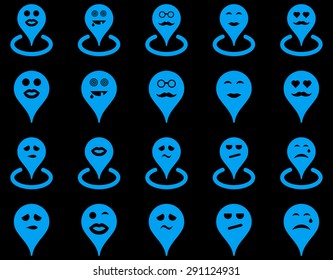 Smiled location icons. Vector set style: flat images, blue symbols, isolated on a black background.