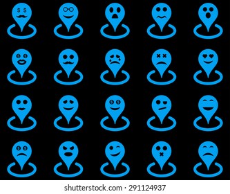 Smiled location icons. Vector set style: flat images, blue symbols, isolated on a black background.